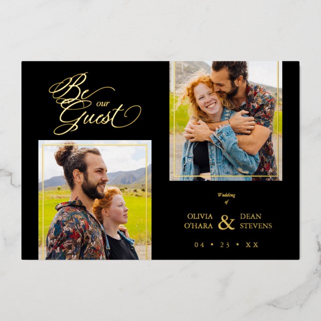 Invitation En Aluminium Luxe Black Trendy 2 Photos Real Golden (Recto)