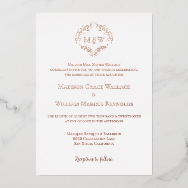 Invitation En Aluminium Luxe Elegant Wreath Monogram Rose Mariage or (Recto)