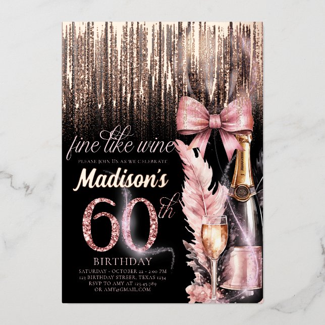Invitation En Aluminium Luxe Foil 60ème Rose Vin Adulte Anniversaire (Recto)