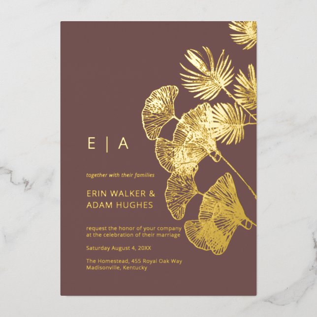 Invitation En Aluminium Luxe Gingko Leaf Real Gold Mariage (Recto)