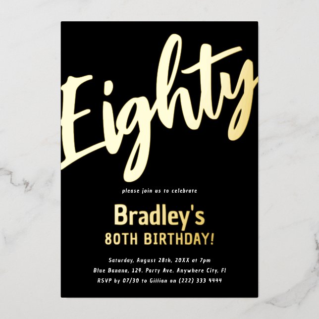 Invitation En Aluminium Luxe Gold '80' Adult Milestone 80e Anniversaire (Recto)