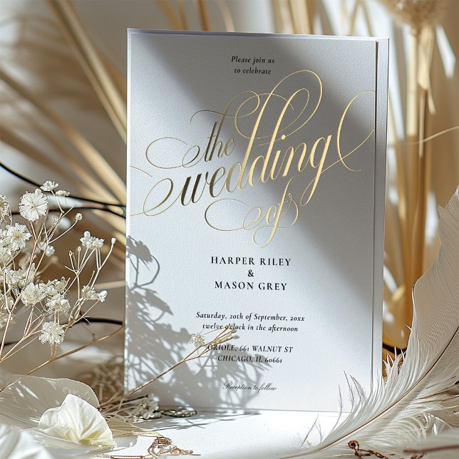 Invitation En Aluminium Luxe Gold Calligraphie Mariage Élégant Script (Créateur téléchargé)