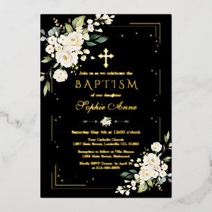 Invitation En Aluminium Luxe GOLD FOIL Fleurs blanches Baptême noir