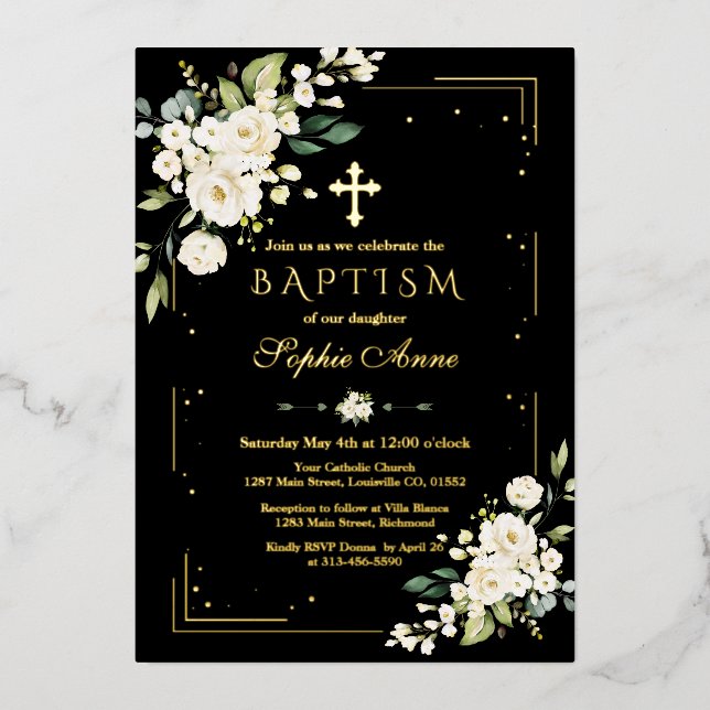 Invitation En Aluminium Luxe GOLD FOIL Fleurs blanches Baptême noir (Recto)