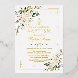 Invitation En Aluminium Luxe GOLD FOIL Fleurs blanches Fille Baptême