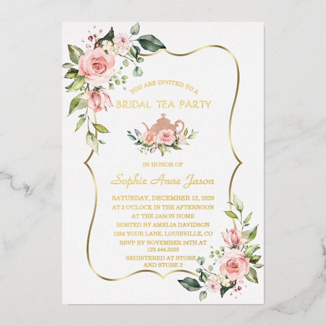 Invitation En Aluminium Luxe GOLD FOIL Rose Floral Tea Party (Recto)