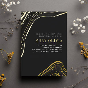 Invitation En Aluminium Luxe Marbre Liquide Noir & Or Sweet Sixteen