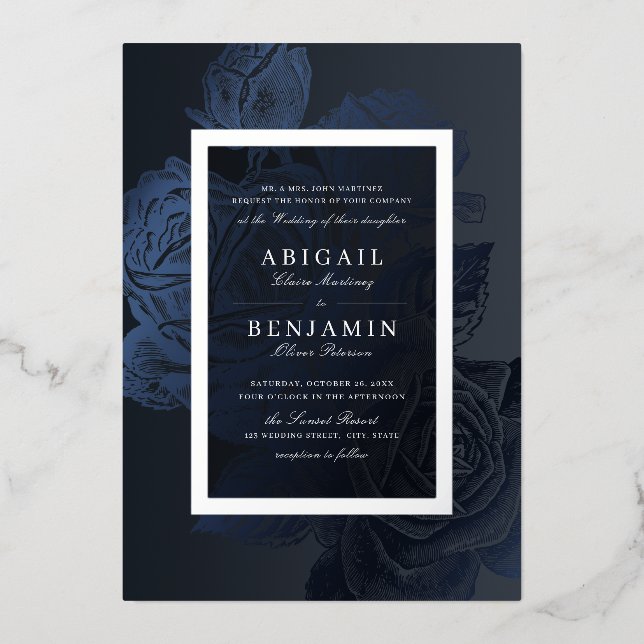 Invitation En Aluminium Luxe marine bleu argent vintage mariage botanique (Recto)