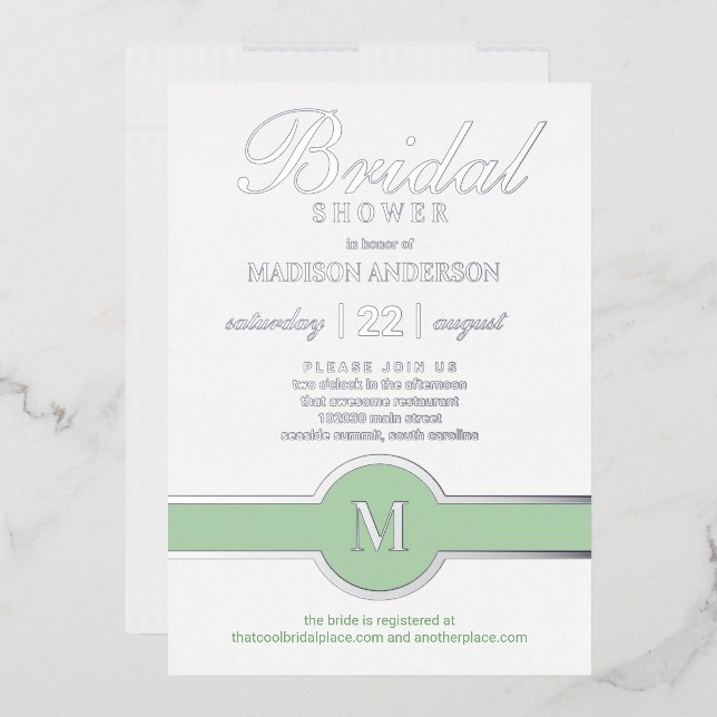 Invitation En Aluminium Luxe Monogram Chic Fête des mariées Vert Argent (Enveloppe)
