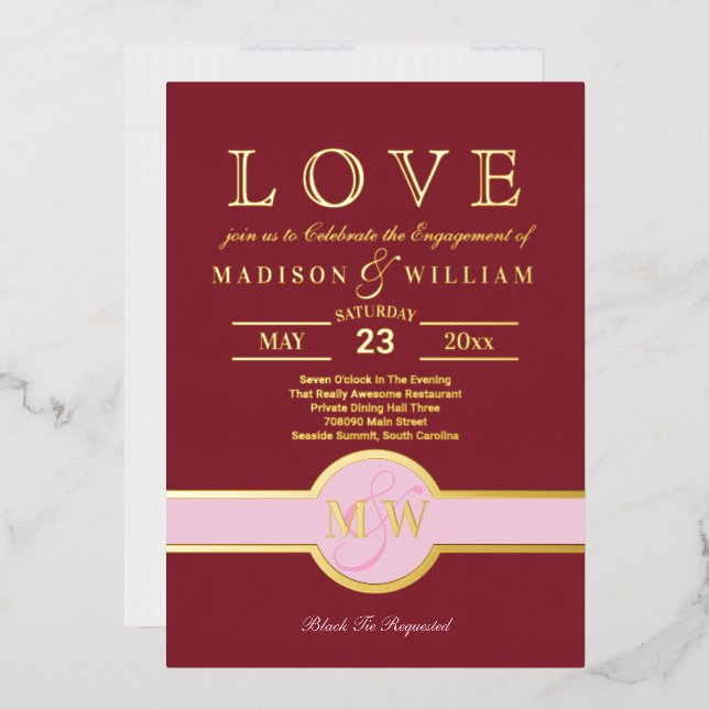 Invitation En Aluminium Luxe Monogram LOVE Engagement Party Burgundy Gold (Enveloppe)