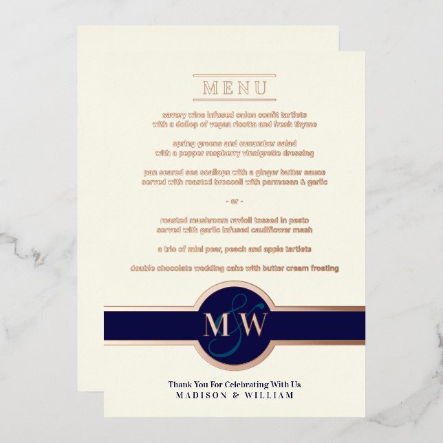 Invitation En Aluminium Luxe Monogramme Moderne Elégant Menu Marine Rose G (Recto/Verso)