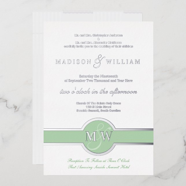 Invitation En Aluminium Luxe Monogramme Moderne Mariage Vert Silver Foil (Enveloppe)