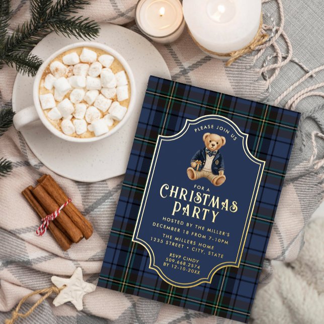 Invitation En Aluminium Luxe Preppy Plaid Christmas Teddy Bear (Créateur téléchargé)