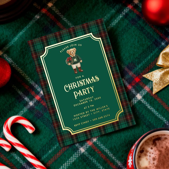 Invitation En Aluminium Luxe Preppy Plaid Christmas Teddy Bear (Créateur téléchargé)