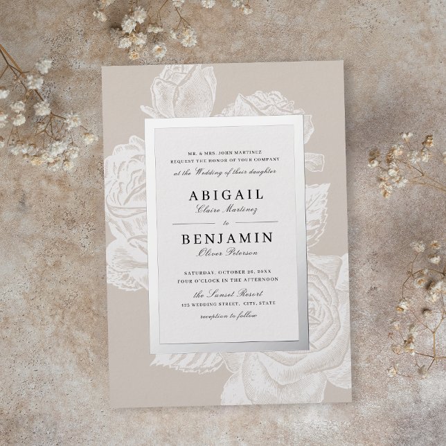 Invitation En Aluminium Luxe rose floral argent vintage mariage botanique (Luxe rose floral silver vintage botanical wedding foil invitation)