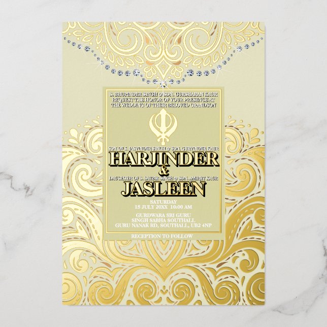 Invitation En Aluminium LuxGlitter Gold Sikh Anand Karaj Mariage (Recto)