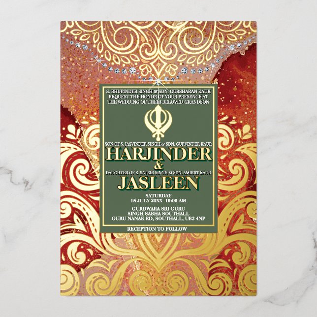 Invitation En Aluminium LuxGlitter Mariage indien Sikh Anand Karaj (Recto)