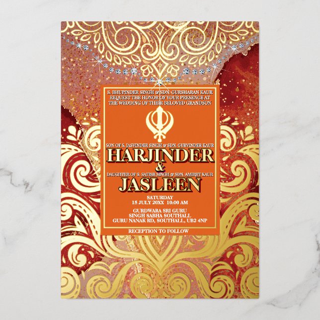 Invitation En Aluminium LuxGlitter Mariage indien Sikh Anand Karaj (Recto)