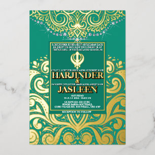 Invitation En Aluminium LuxGlitter Paon Or Sikh Anand Karaj Mariage