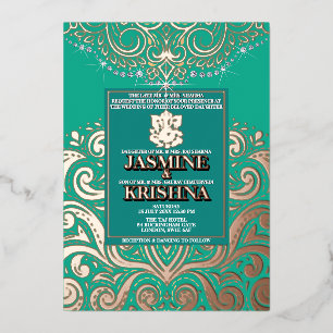 Invitation En Aluminium LuxGlitter Paon RoseOr Ganesha Mariage Hindou