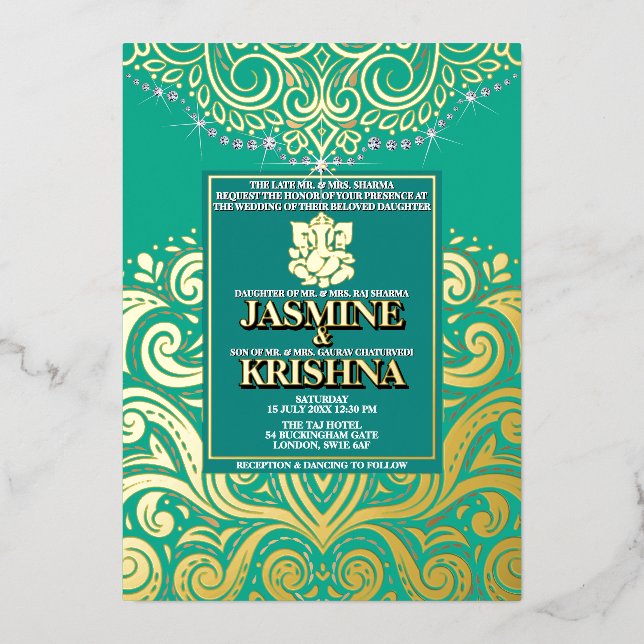 Invitation En Aluminium LuxGlitter Peacock Gold Ganesha Mariage hindou (Recto)