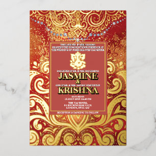 Invitation En Aluminium LuxGlitter Red Gold Mariage indien Hindu Ganesha