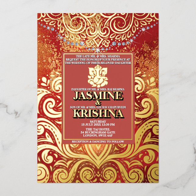 Invitation En Aluminium LuxGlitter Red Gold Mariage indien Hindu Ganesha (Recto)