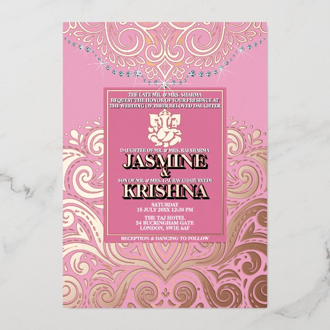 Invitation En Aluminium LuxGlitter roseOr Ganesha Mariage hindou Gnesha (Recto)
