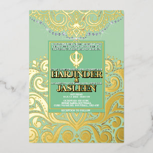 Invitation En Aluminium LuxGlitter Sage Vert Or Sikh Anand Karaj Weddin