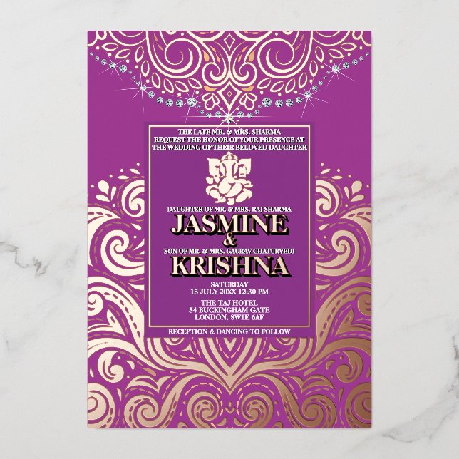 Invitation En Aluminium LuxGlitter violet roseOr Ganesha Mariage hindou (Recto)