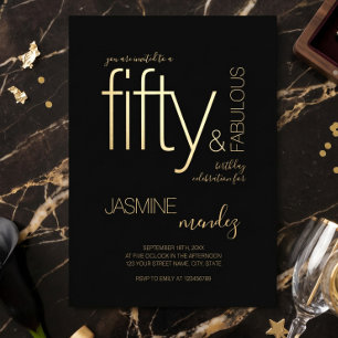 Invitation En Aluminium Luxueux Noir Or Élégant 50 & Fantastique Anniversa