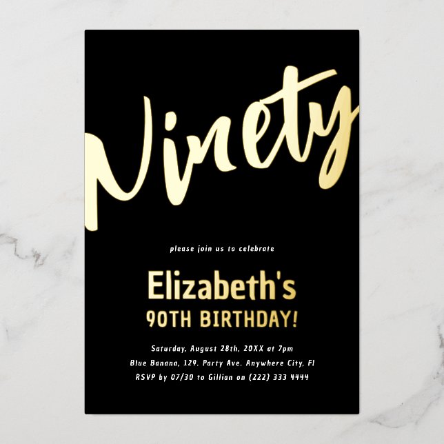 Invitation En Aluminium Luxury Gold 'Ninety' Adult Milestone 90e Anniversa (Recto)