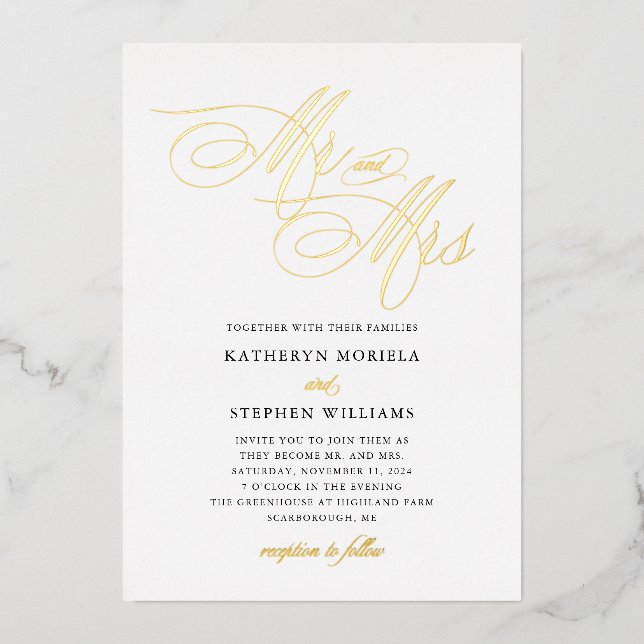 Invitation En Aluminium M. & Mme Classic Calligraphy Mariage Gold (Recto)