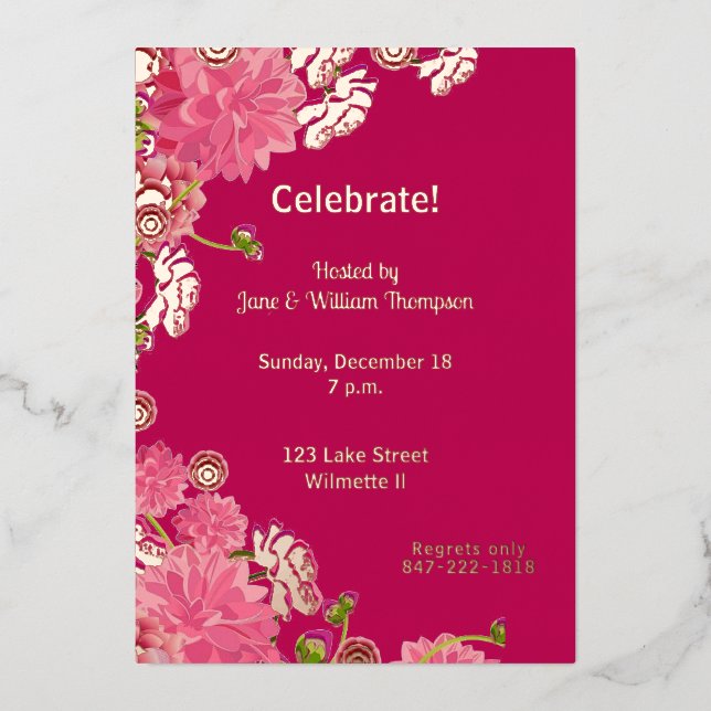 Invitation En Aluminium Magenta floral doré (Recto)