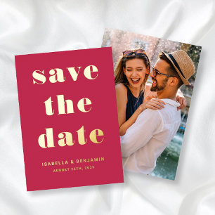 Invitation En Aluminium Magenta Photo Moderne Enregistrer La Date Gold Foi