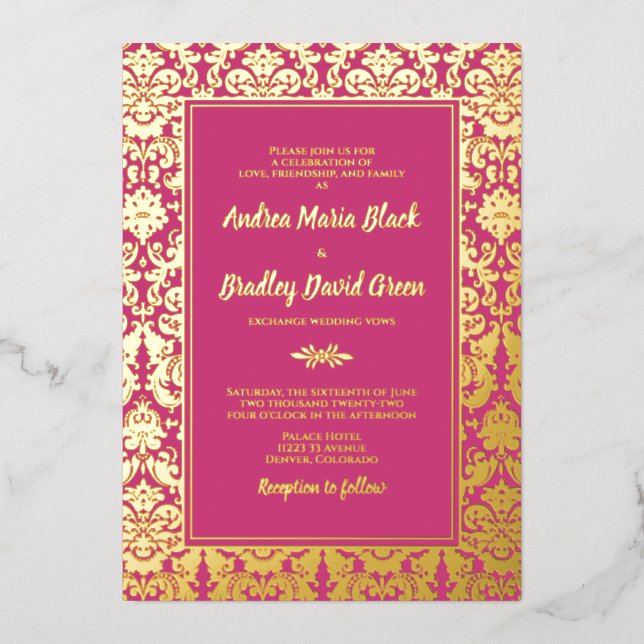 Invitation En Aluminium Magenta Rose Real Gold Fhuile Mariage damassé (Recto)