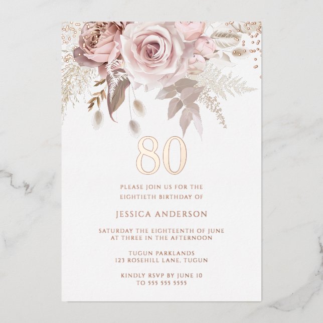 Invitation En Aluminium Magnifique Blush Dusty Rose 80e Anniversaire Rose  (Recto)