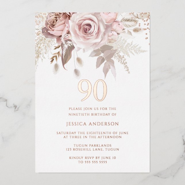 Invitation En Aluminium Magnifique Blush Dusty Rose 90e Anniversaire Rose  (Recto)