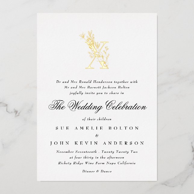 Invitation En Aluminium Magnifique Élégant Monogramme Fleuris MARIAGE OR (Recto)