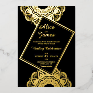 Invitation En Aluminium Mandala à Cadre Incliné Mariage Noir et Or
