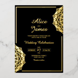 Invitation En Aluminium Mandala Corner Élégant Mariage Feuille D'or Noir