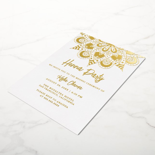 Invitation En Aluminium Mandala Élégant Henna Party Mehndi Or Réel (Rotation)