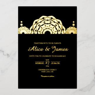 Invitation En Aluminium Mandala Haut de Page Élégant Mariage Noir Or Feuil