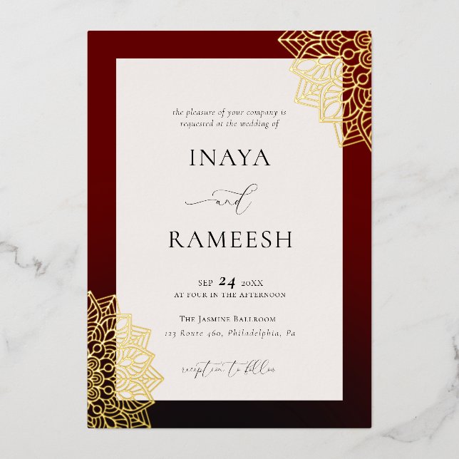 Invitation En Aluminium Mandala rouge or (Recto)