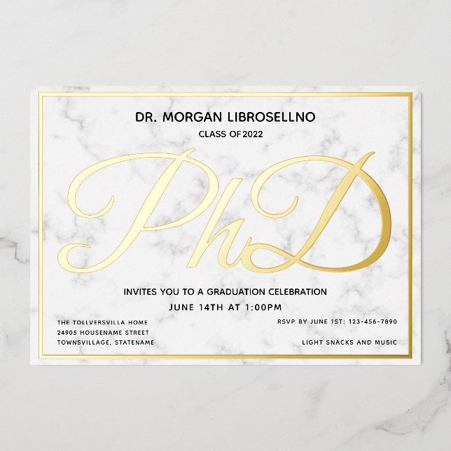 Invitation En Aluminium Marble Gold White Doctorat Graduation Foil Invitat (Recto)
