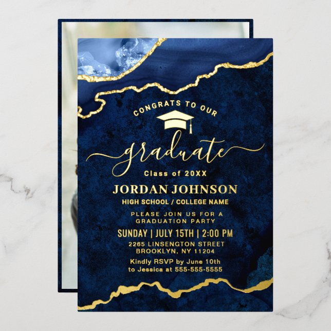 Invitation En Aluminium Marbre bleu de la marine moderne Parti de graduati (Recto/Verso)