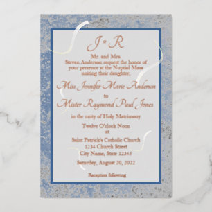 Invitation En Aluminium Marbre bleu et gris Mariage catholique monogramme