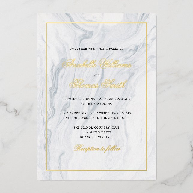 Invitation En Aluminium Marbre élégant et Mariage or (Recto)
