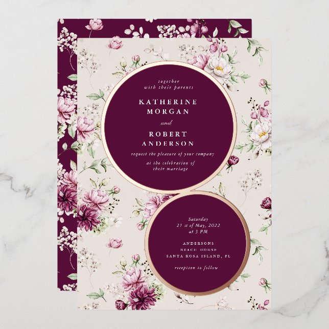 Invitation En Aluminium mariage à fleurs du jardin magenta (Recto/Verso)