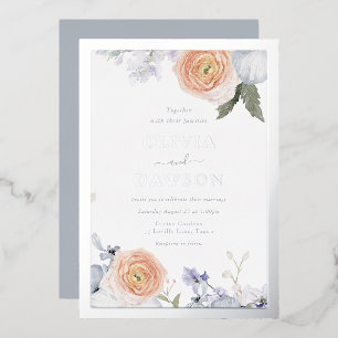 Invitation En Aluminium Mariage à huile d'argent floral et bleu poussiéreu